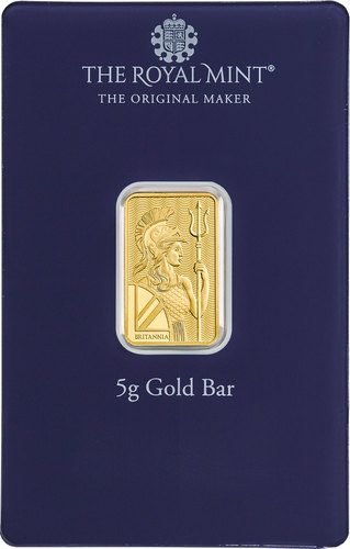 Vorderseite Goldbarren Britannia Best Wishes 5 g in spezieller Blisterkarte mit Zertifikat, der Hersteller Royal Mint