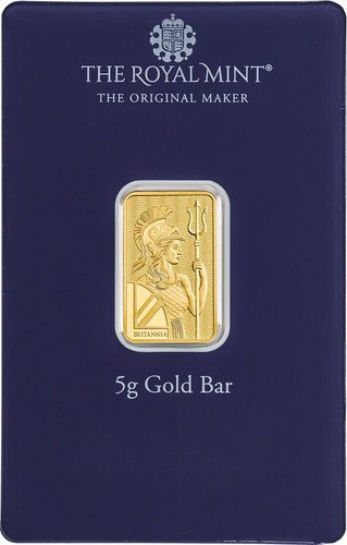 Vorderseite Goldbarren Britannia Best Wishes 5 g in spezieller Blisterkarte mit Zertifikat, der Hersteller Royal Mint