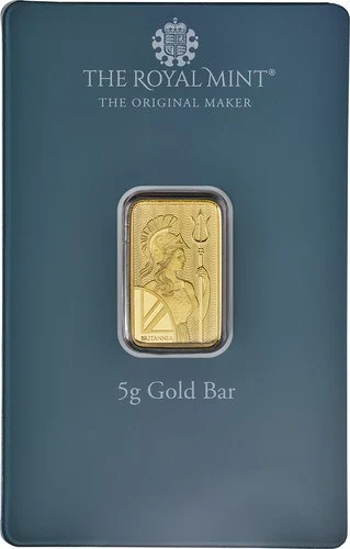 Vorderseite Goldbarren Britannia Geburtstag 5 g in spezieller Blisterkarte mit Zertifikat, der Hersteller Royal Mint Vorderseite Goldbarren Britannia Geburtstag 5 g in spezieller Blisterkarte mit Zertifikat, der Hersteller Royal Mint
