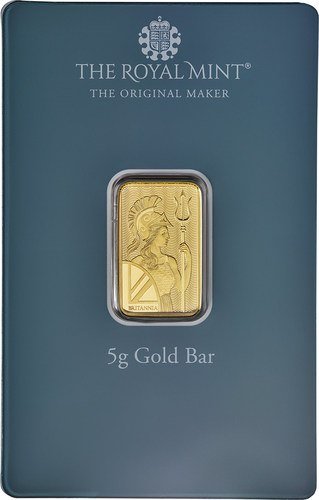 Vorderseite Goldbarren Britannia Geburtstag 5 g in spezieller Blisterkarte mit Zertifikat, der Hersteller Royal Mint