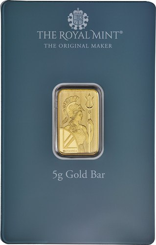 Vorderseite Goldbarren Britannia Geburtstag 5 g in spezieller Blisterkarte mit Zertifikat, der Hersteller Royal Mint