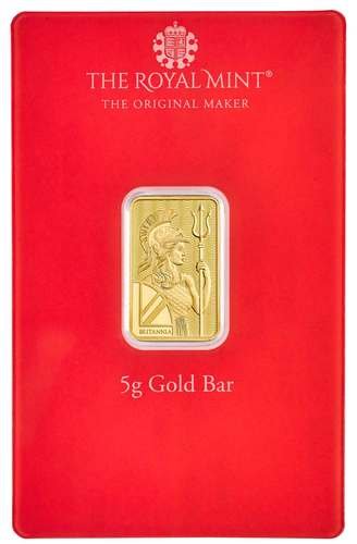 Rückseite Goldbarren Britannia Henna 5 g in spezieller Blisterkarte mit Zertifikat, der Hersteller Royal Mint