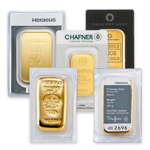 100 Gramm Goldbarren Feingold 999,9 von RAND REFINERY oder Heraeus oder C.HAFNER