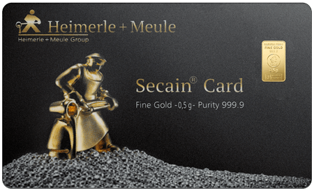 Vorderseite Goldbarren Secain Card 0,5 Gramm, der Hersteller Heimerle & Meule