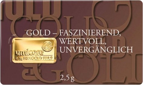 Goldbarren 2,5 Gramm faszinierend in durchsichtigem Original Plastikblister eingeschweißt, der Hersteller Umicore