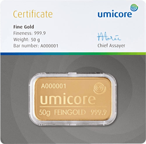 Vorderseite Goldbarren 50 Gramm in spezieller Blisterkarte mit Zertifikat, der Hersteller Umicore