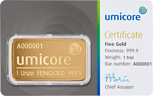 Vorderseite Goldbarren 1 Unze in spezieller Blisterkarte mit Zertifikat, der Hersteller Umicore
