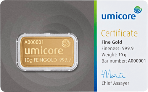 Vorderseite Goldbarren 10 Gramm in spezieller Blisterkarte mit Zertifikat, der Hersteller Umicore