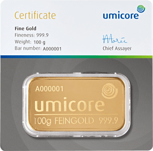 Vorderseite Goldbarren 100 Gramm in spezieller Blisterkarte mit Zertifikat, der Hersteller Umicore