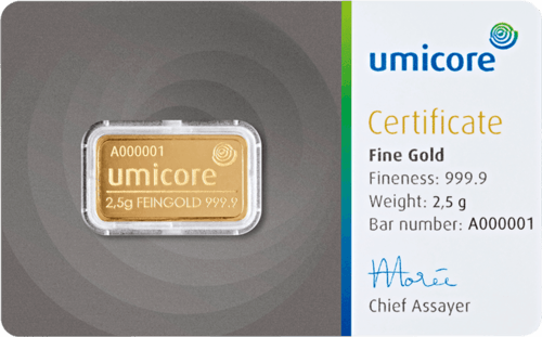 Vorderseite Goldbarren 2,5 Gramm in spezieller Blisterkarte mit Zertifikat, der Hersteller Umicore