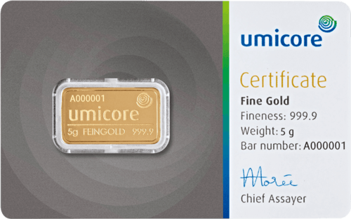 Vorderseite Goldbarren 5 Gramm in spezieller Blisterkarte mit Zertifikat, der Hersteller Umicore
