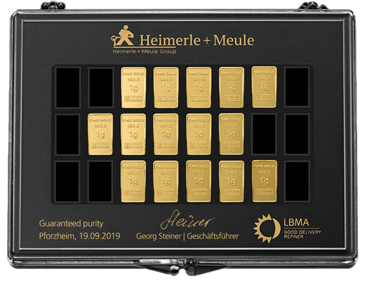 Vorderseite Goldbarren UnityBar Collection 15x1 Gramm, der Hersteller Heimerle & Meule