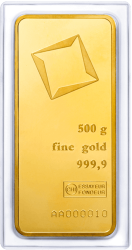 Vorderseite Goldbarren 500 Gramm einzeln im Blister verschweißt, inkl. Echtheitszertifikat, der Hersteller Valcambi