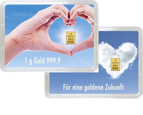 Vorderseite 2 Geschenkgoldbarren Für eine goldene Zukunft 1 Gramm in spezieller Blisterkarte mit Zertifikat, der Hersteller Valcambi