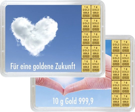 Vorderseite Geschenkgoldbarren Für eine goldene Zukunft 10x1 Gramm, der Hersteller Valcambi