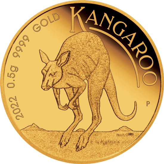 Vorderseite Goldmünze Australien Mini Roo 2022 0,5 Gramm, der Hersteller Perth Mint Australia