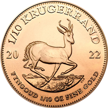 Vorderseite Goldmünze 1/10 Unze Krügerrand 2022, der Hersteller South African Mint