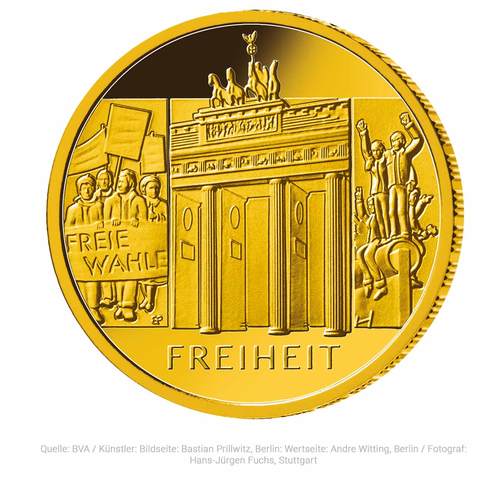 Vorderseite Goldmünze 1/2 Unze 100 Euro Säulen der Demokratie Freiheit 2022, der Hersteller Münze Deutschland