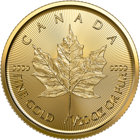 Vorderseite Goldmünze 1/20 Unze Gold Maple Leaf 2022, der Hersteller Royal Canadian Mint
