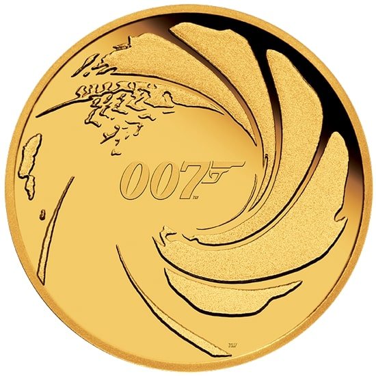 Seitenansicht Goldmünze 1/4 Unze 007 James Bond 2020 - Polierte Platte, der Hersteller Perth Mint Australia