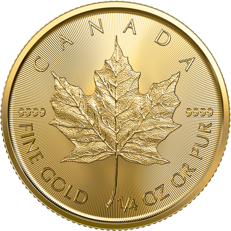 Vorderseite Goldmünze 1/4 Unze Maple Leaf 2022, der Hersteller Royal Canadian Mint