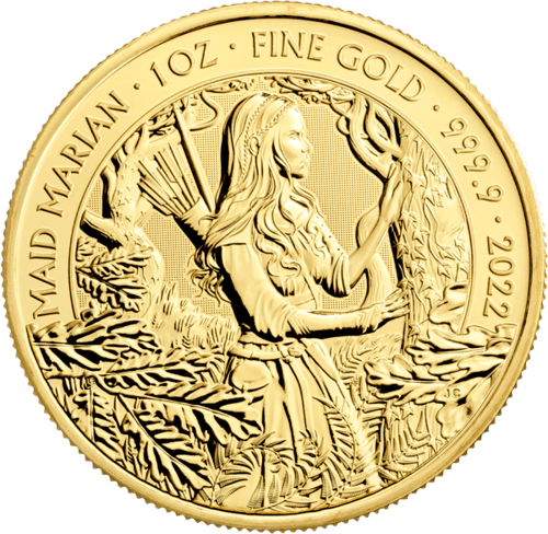 Vorderseite Goldmünze 1 Unze Mythen und Legenden Maid Marian 2022, der Hersteller Royal Mint