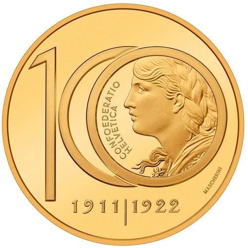 Vorderseite Goldmünze 10,16 Gramm Vreneli 50 Franken 2022, der Hersteller Eidgenössische Münzstätte Swissmint