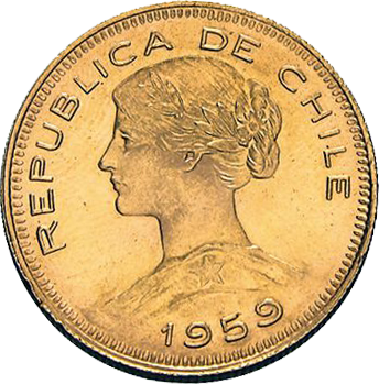Vorderseite Goldmünze 3,66 Gramm Chile 20 Pesos diverse Jahrgänge, der Hersteller Chile Mint