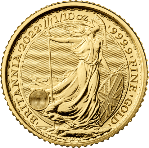 Vorderseite Goldmünze 1/10 Unze Britannia 2022, der Hersteller Royal Mint
