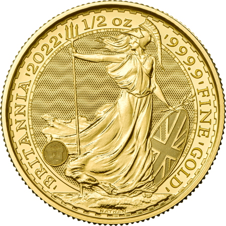 Vorderseite Goldmünze 1/2 Unze Britannia 2022, der Hersteller Royal Mint