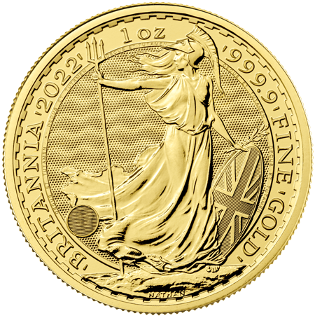 Vorderseite Goldmünze 1 Unze Britannia 2022, der Hersteller Royal Mint