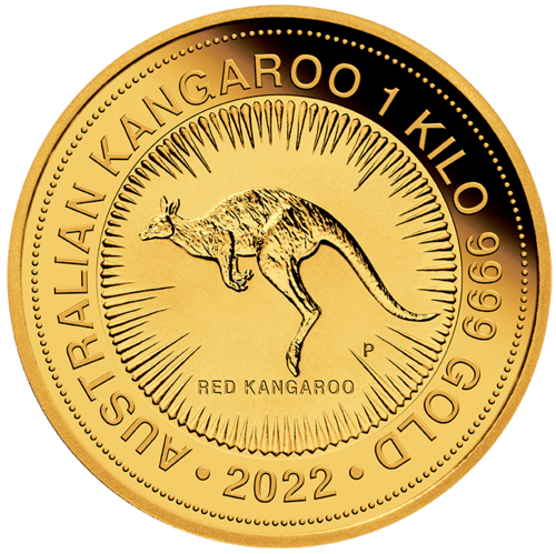 Vorderseite Goldmünze 1 Kilogramm Australien Känguru 2022, der Hersteller Perth Mint Australia