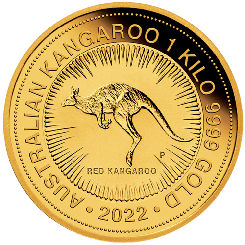Vorderseite Goldmünze 1 Kilogramm Australien Känguru 2022, der Hersteller Perth Mint Australia