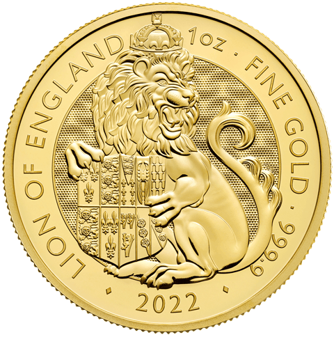 Vorderseite Goldmünze 1 Unze The Royal Tudor Beasts - Lion of England 2022, der Hersteller Royal Mint