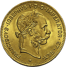Vorderseite Goldmünze 2,91 Gramm Österreich 4 Florin diverse Jahrgänge, der Hersteller Münze Österreich