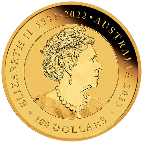 Rückseite Goldmünze 1 Gold Australien Schwan 2023, der Hersteller Perth Mint