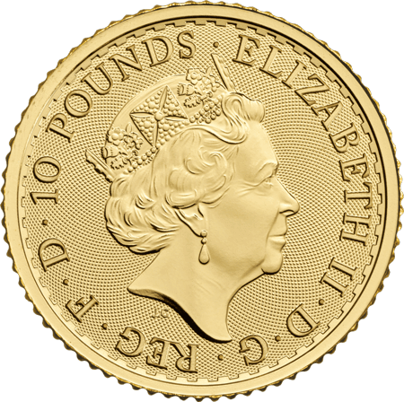Rückseite Goldmünze 1/10 Unze Britannia 2023 Elizabeth II., der Hersteller Royal Mint