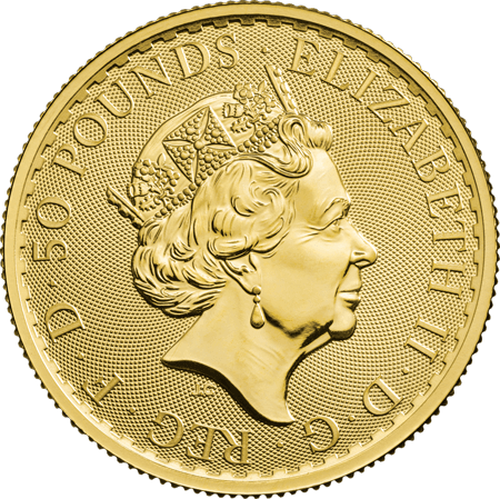 Rückseite Goldmünze 1/2 Unze Britannia Elizabeth II. 2023, der Hersteller Royal Mint