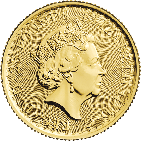Rückseite Goldmünze 1/4 Unze Britannia 2023 Elizabeth II., der Hersteller Royal Mint
