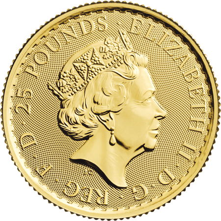 Rückseite Goldmünze 1/4 Unze Britannia 2023 Elizabeth II., der Hersteller Royal Mint