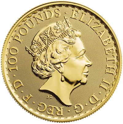 Rückseite Goldmünze 1 Unze Britannia 2023, der Hersteller Royal Mint Elizabeth II.