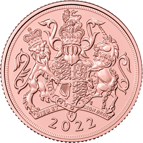Rückseite Goldmünze 7,32 Gramm Full Sovereign 2022, der Hersteller Royal Mint
