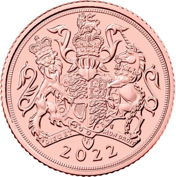 Vorderseite Goldmünze 3,66 Gramm Half Sovereign 2022, der Hersteller Royal Mint