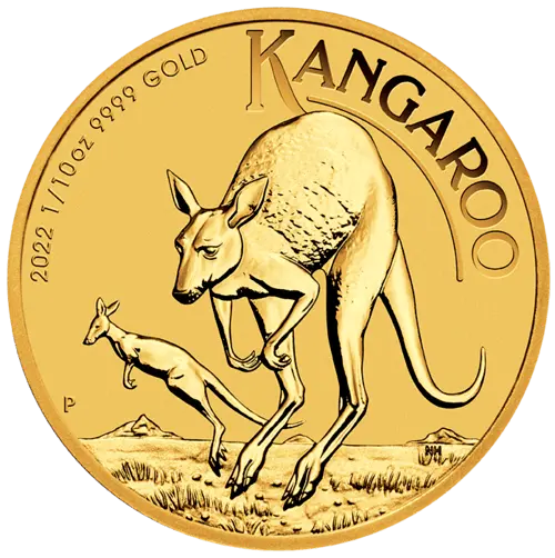 Vorderseite Goldmünze 1/10 Unze Australien Känguru 2022, der Hersteller Perth Mint Australia Vorderseite Goldmünze 1/10 Unze Australien Känguru 2022, der Hersteller Perth Mint Australia