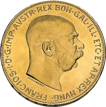 Vorderseite Goldmünze 30,49 Gramm Österreich 100 Kronen diverse Jahrgänge, der Hersteller Münze Österreich