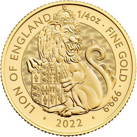 Vorderseite Goldmünze 1/4 Unze The Royal Tudor Beasts - Lion of England 2022, der Hersteller Royal Mint