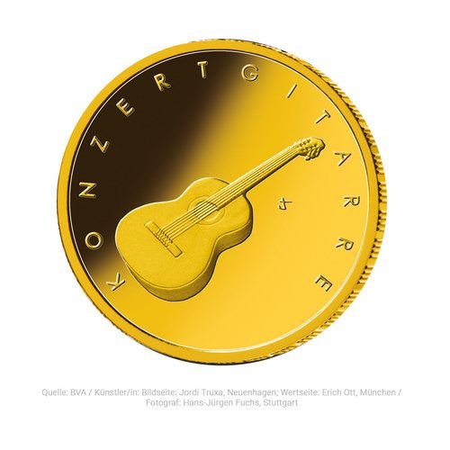 Vorderseite Goldmünze 1/4 Unze 50 Euro Musikinstrumente Konzertgitarre 2022, der Hersteller Münze Deutschland