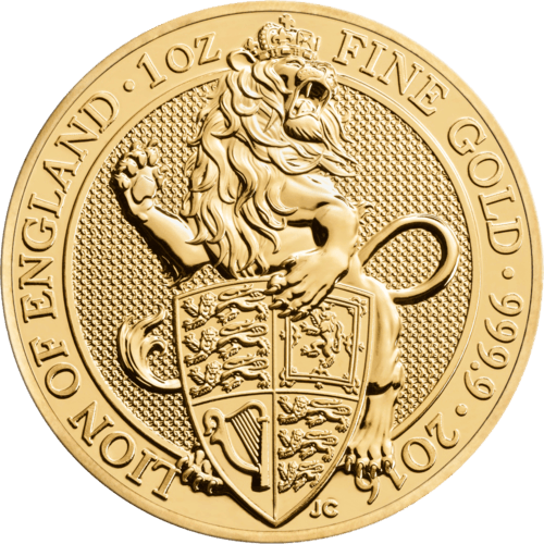 Vorderseite Goldmünze 1 Unze The Queen´s Beasts - Lion of England 2016, der Hersteller Royal Mint