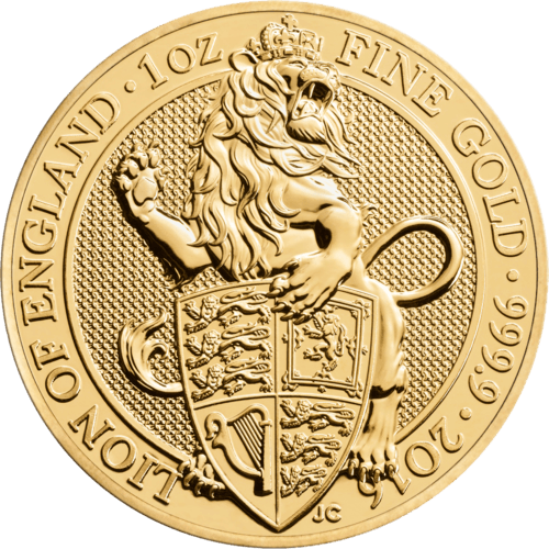 Vorderseite Goldmünze 1 Unze The Queen´s Beasts - Lion of England 2016, der Hersteller Royal Mint