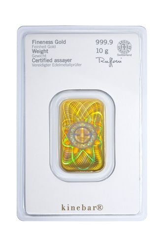 Rückseite Goldbarren Kinebar 10 Gramm in spezieller Blisterkarte mit Zertifikat, der Hersteller Argor-Heraeus